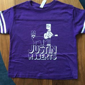 children's purple football jerseys with Justin Roberts and his dog Mona printed in white